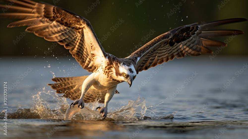 Fototapeta premium A bird such as an osprey or sea hawk is searching for fish in the water.
