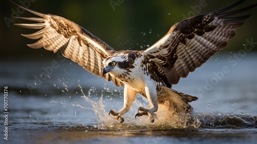 A bird such as an osprey or sea hawk is searching for fish in the water.