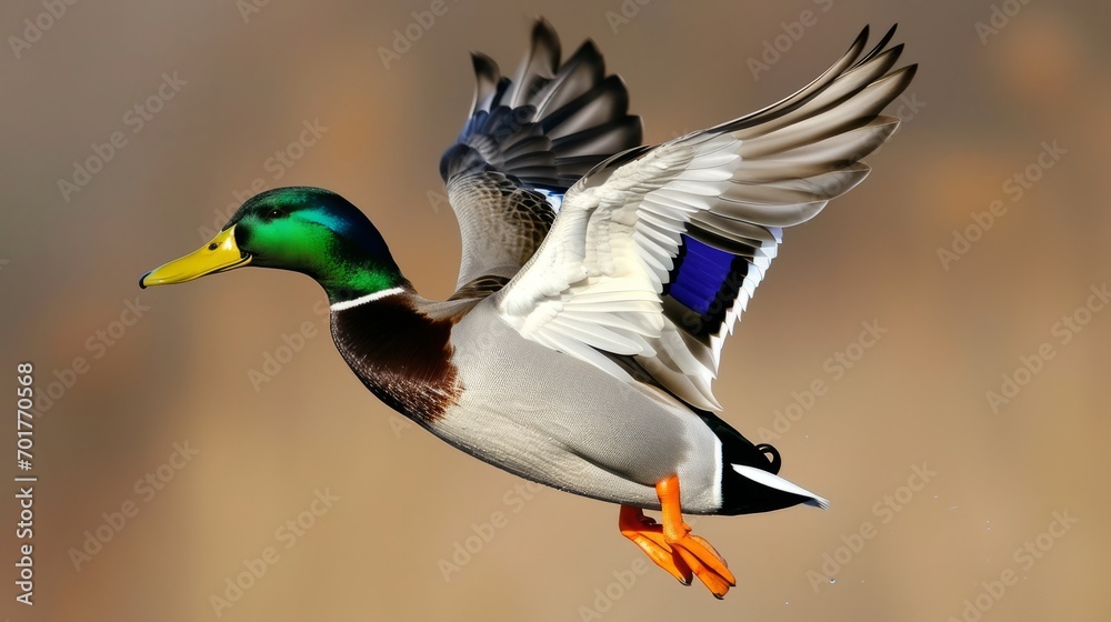 A detailed illustration captures a duck in flight, wings spread wide against the sky. A detailed illustration captures a duck in flight, wings spread wide against the sky.