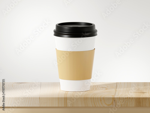 Paper cup with a lid for tea to go. Coffee take away is on the table. There is space for text or logo for mock up on a cup. 3D rendering illustration