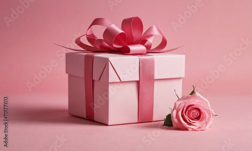 Pink rose sitting next to a white gift box