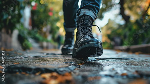 Boots walking on wet autumn street.