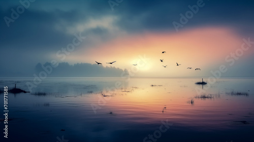 calm lake at dawn with birds flying generated by ai © tiero