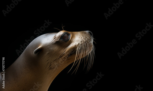 A sea lion, captured in photorealistic studio lighting, is seen on a black background. photo