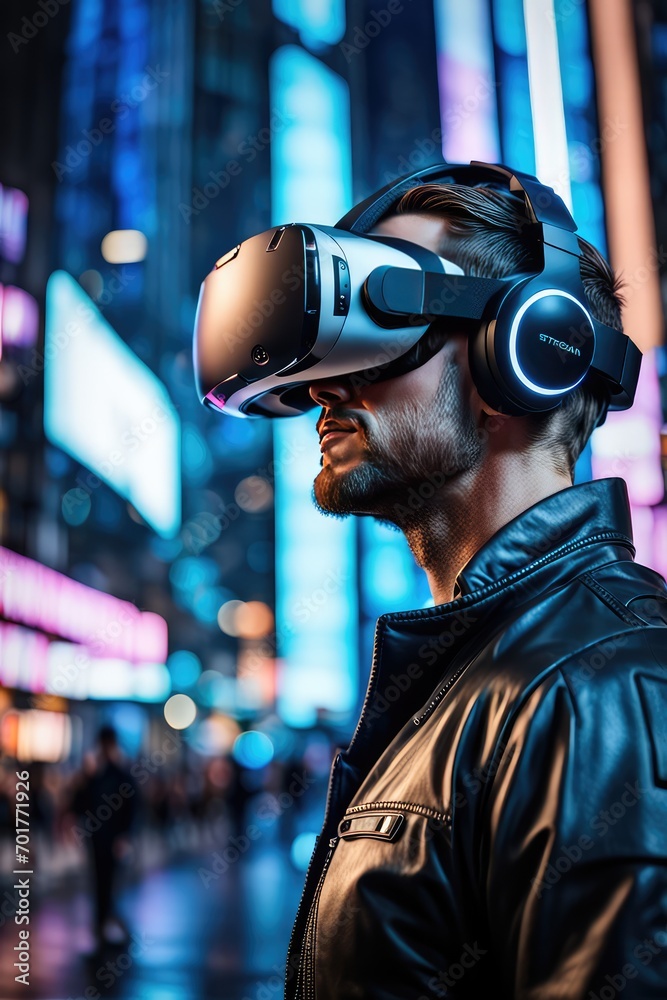 A guy in virtual reality glasses watches a goat in a virtual futuristic city