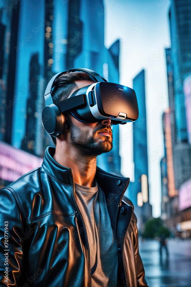 A guy in virtual reality glasses watches a goat in a virtual futuristic city A guy in virtual reality glasses watches a goat in a virtual futuristic city