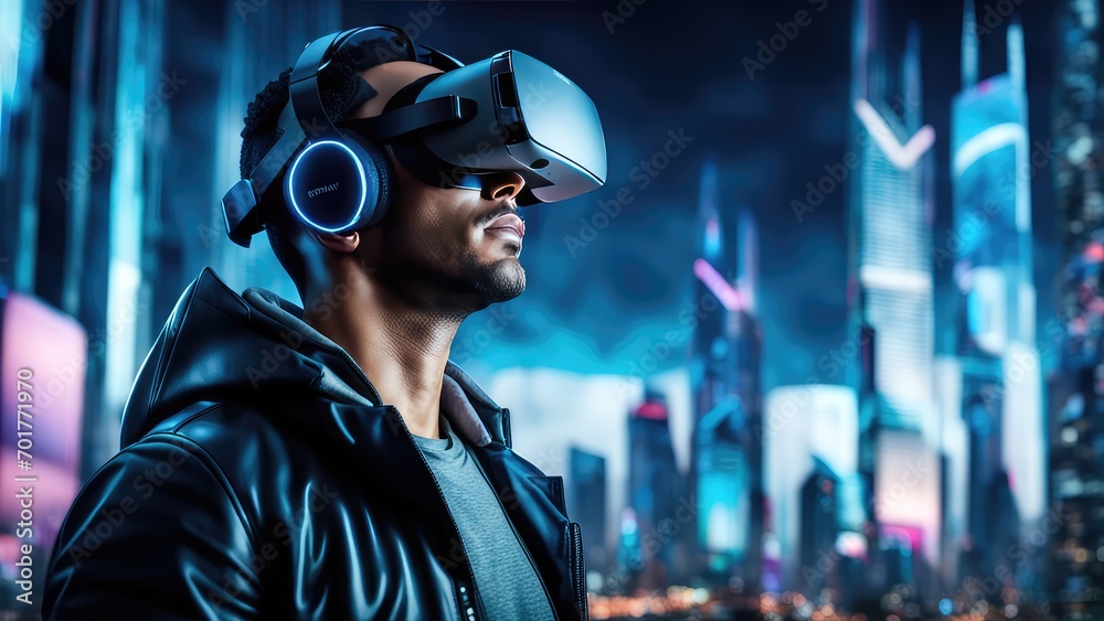A guy in virtual reality glasses watches a goat in a virtual futuristic city A guy in virtual reality glasses watches a goat in a virtual futuristic city