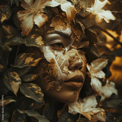 a woman with gold paint on her face surrounded by leaves