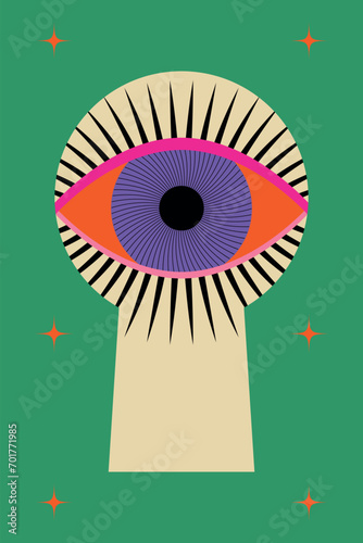 Eye looking through a keyhole. Vector poster, banner, EPS 10.