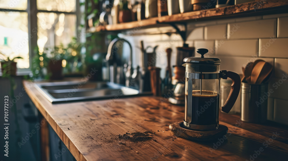  Morning light shines on a French press full of rich coffee on a home kitchen counter. - obrazy, fototapety, plakaty 