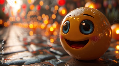 Cute, cartoon 3d smiling orange ball with blue eyes, with copy space photo