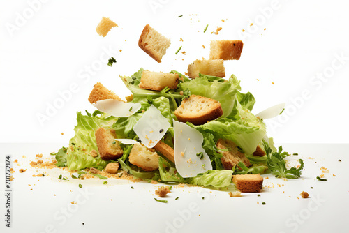 Floating Caesar Salad with Croutons and Dressing Caesar salad ingredients, including lettuce, croutons, and dressing, all in mid-air, isolated on a white background. Generative AI,