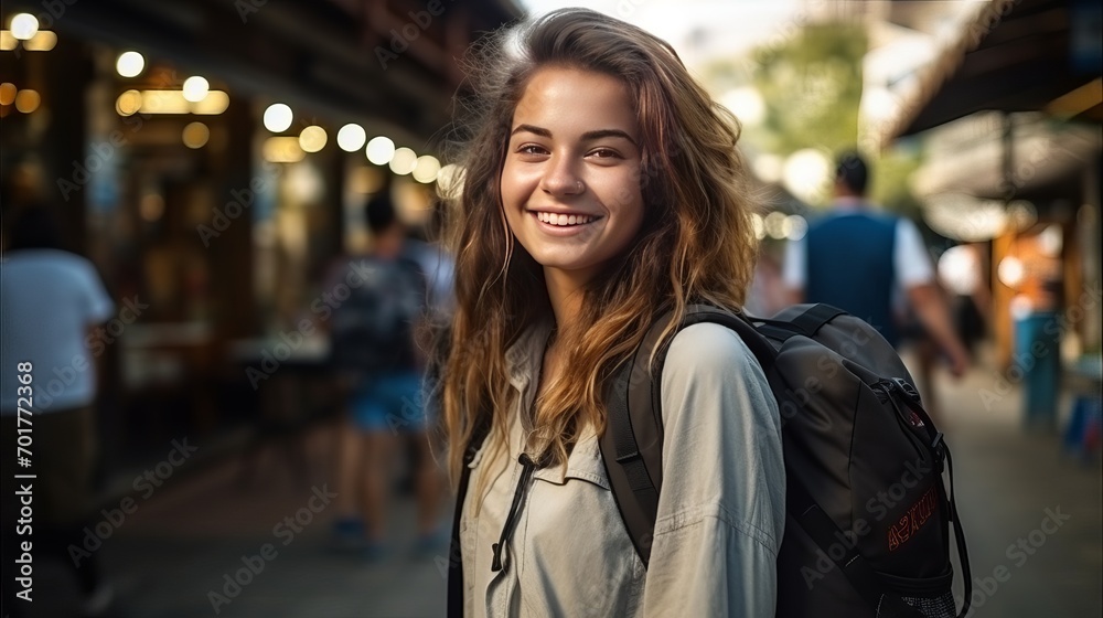 A young traveler smiling can be seen in this medium shot.