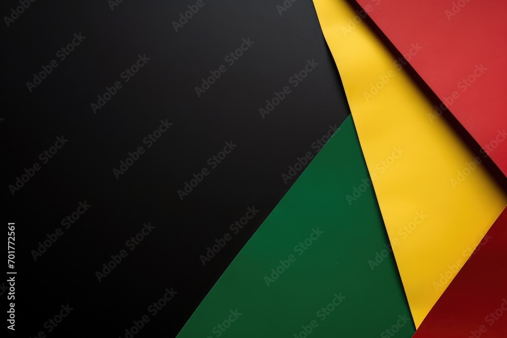 Red, yellow and green abstract color paper on black background. Black History Month Flat lay. Copy space - obrazy, fototapety, plakaty 