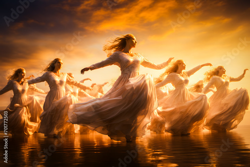 Femmes dansant sur l'eau au coucher du soleil, ballet surréaliste