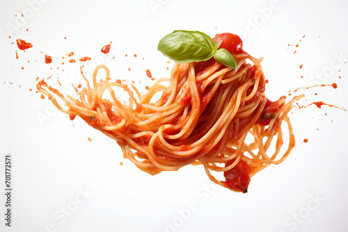Flying Spaghetti with Tomato Sauce and Basil Spaghetti noodles with splashes of tomato sauce and basil leaves, captured in mid-air, isolated on a white background . Generative AI,