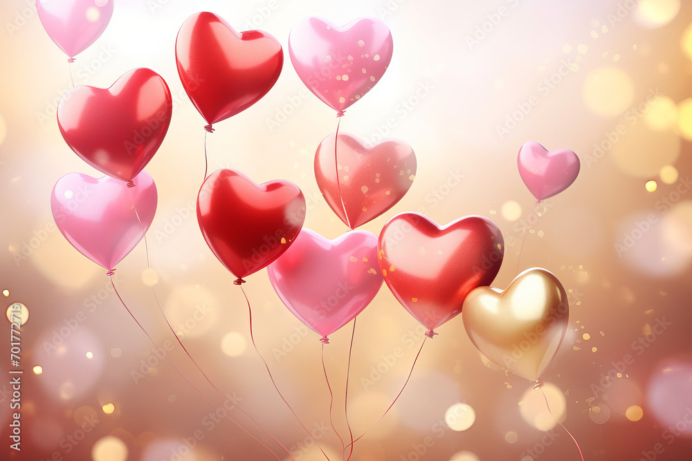 Heart-Shaped Balloons and Confetti Festive background with red and pink heart-shaped balloons and golden confetti, perfect for Valentine's Day. Romantic and celebratory . Generative AI,
