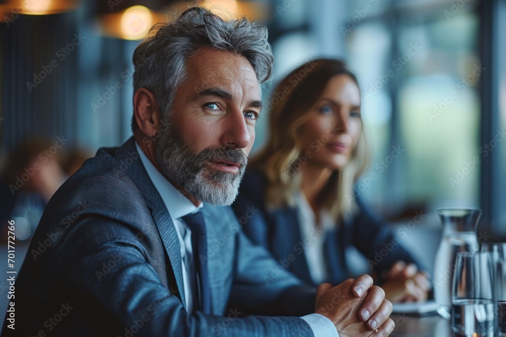Businessman and woman strategizing in an office setting, business meeting image