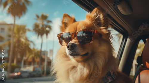 Pomeranian dog wearing sunglasses in the car, summer vacation travel holidays. Pet friendly travel and road trips concept. Generative AI. © Chaiyo