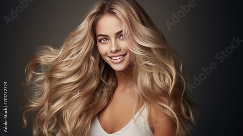 An image of a pretty model with long lush wavy deep blonde hair  smiling  and having her hair styled and makeup done.