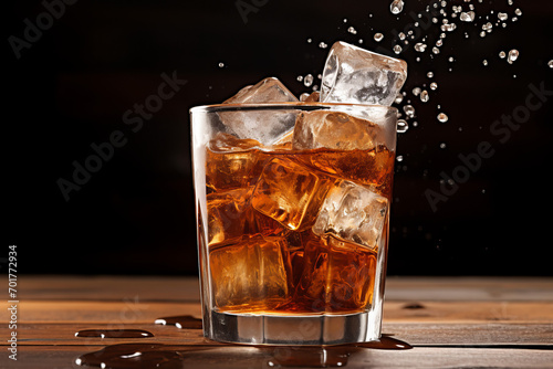 Ice Cubes Splashing into Cold Brew Coffee Ice cubes captured as they splash into a glass of cold brew coffee, on a dark, wooden background. Generative AI,