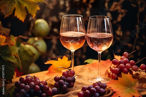 two glasses of wine set against a backdrop of colorful grape leaves