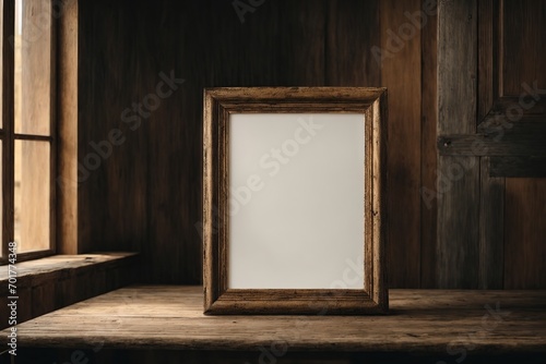 Frame mockup Living room Interior mockup with house background classic interior design 3D render A blank frame stands tall on a rustic wooden table  its edges weathered and worn from years of use. 