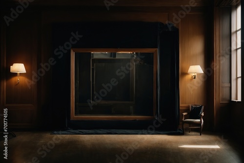 Frame mockup Living room Interior mockup with house background classic interior An obscure black frame hanging on the wall of a poorly lit room creates shadows that appear to dance in the gloom. 