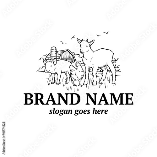 Handdrawn logo with goat, chicken, and pork. Animal logo vector for farmhouse.
