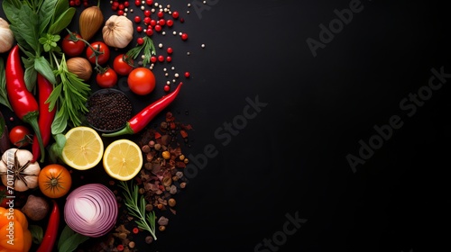 A mix of vegetables, herbs, and spices on a black background with a copy space at the top.