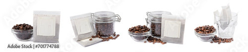 Drip bag of fresh coffee with coffee beans isolated on white background.Ground coffee for brewing in a cup. photo