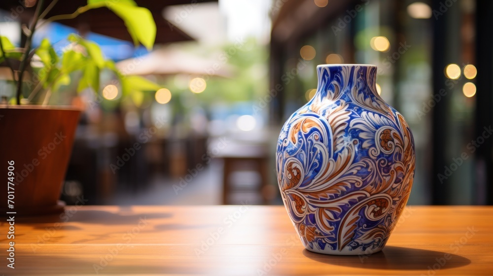 a blue and white vase sitting on top of a wooden table next to a potted plant on top of a wooden table. a blue and white vase sitting on top of a wooden table next to a potted plant on top of a wooden table.