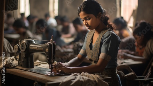 Young indian women work in the sewing / garment factory, photo documentary, concept: Child labor , 16:9
