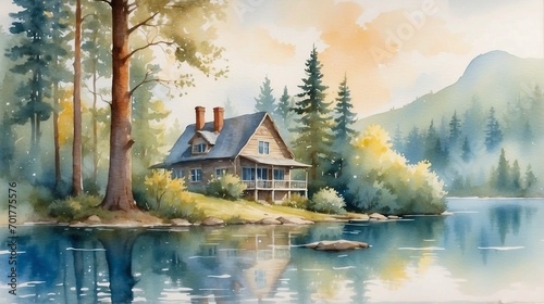 Watercolor Landscape with a House Sitting by a Lake in The Forest. Generative AI. photo
