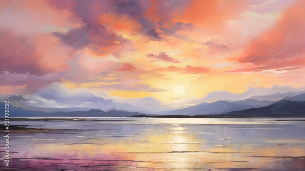 illustration sunset serenity, warm hues of orange, pink and lavender, copy space, 16:9