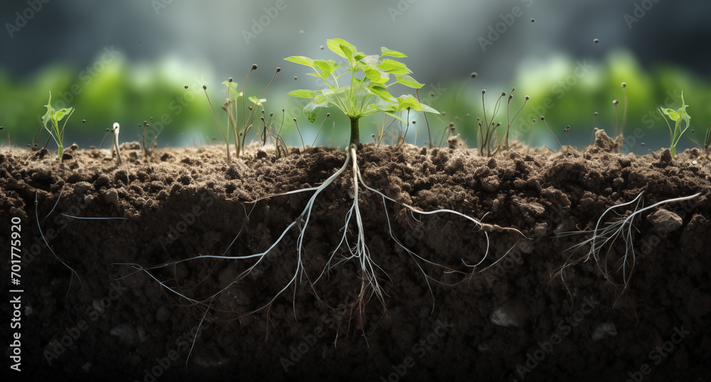 new life grass sprout seedling plants with roots in the garden - obrazy, fototapety, plakaty 