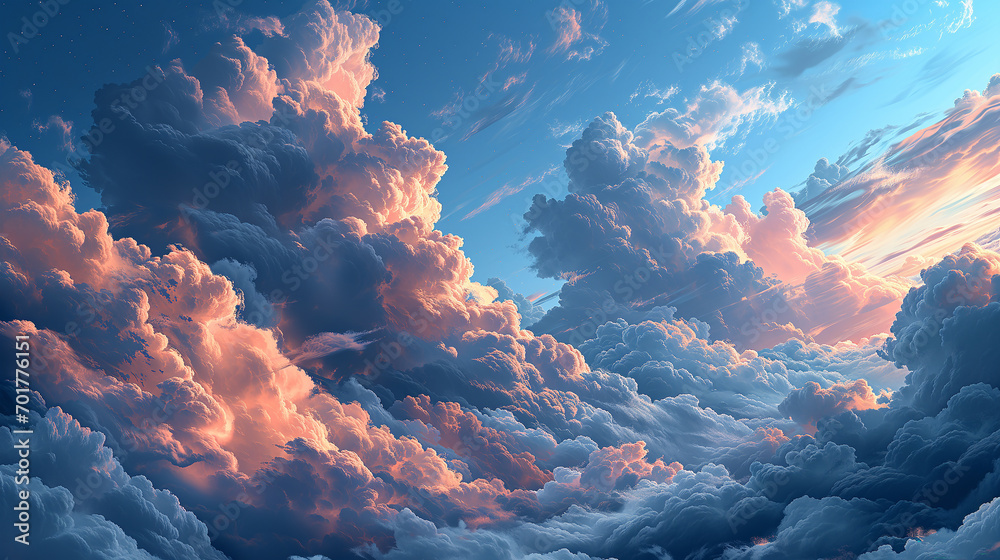 Real majestic sunrise sundown sky background with gentle colorful clouds, Panoramic