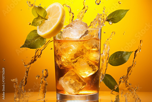 Lemon Slices Plunging into Iced Tea Vivid lemon slices falling into a tall glass of iced tea, creating a refreshing splash, Generative AI,