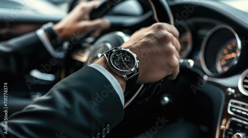 Close up of man in black suit wearing watch and keeping hand on the steering wheel while driving a luxury car. © Oulaphone