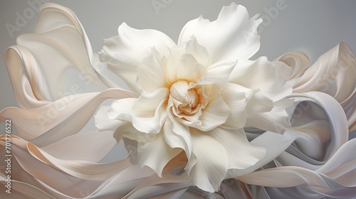  a close up of a white flower on a gray background with a large white flower in the center of the image.