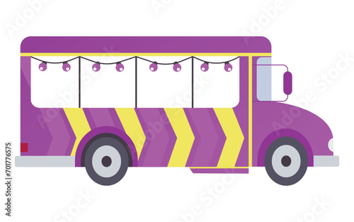 Party bus, vehicle for onboard parties and celebrations, disco on wheels. Isolated vector illustration