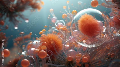  an image of an underwater scene with corals and sea urchins on the bottom of the picture and an orange ball in the middle of the bottom of the picture. © Olga