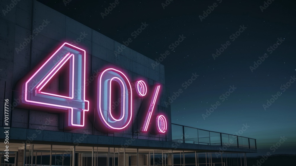 Huge neon sign 40 percent. Glowing sale light advertising. Theme of discount and commerce Huge neon sign 40 percent. Glowing sale light advertising. Theme of discount and commerce