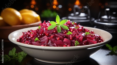  a bowl of cranberry pomegranate sits on a table next to a bowl of lemons.