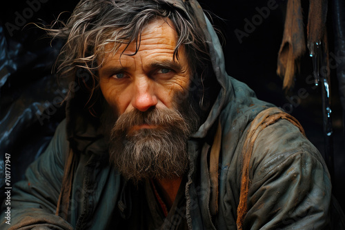 Portrait of an elderly sad homeless man in dirty clothes and long hair and beard