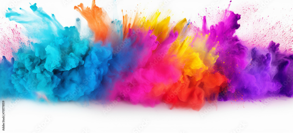 colorful mixed rainbow powder explosion isolated on white background