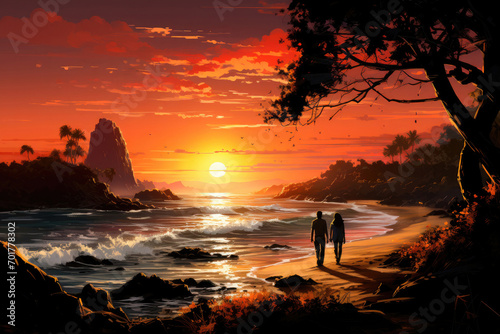 Couple in love walks along the seashore at sunset