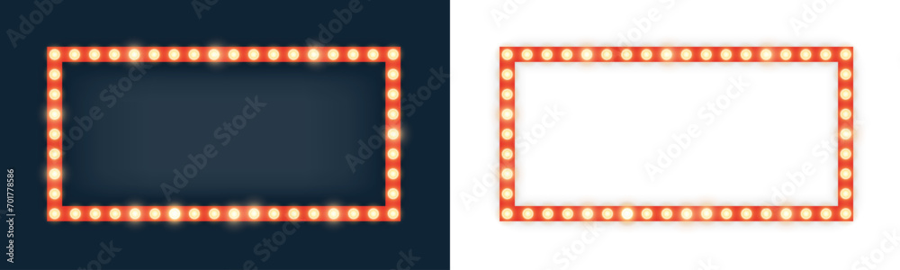 Realistic retro rectangle and circle neon marquee billboard for decoration. Concept of cinema and broadway. Isolated over transparent