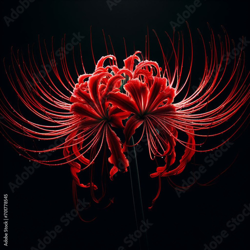 A red spider lily flower blooming isolated with black background. photo