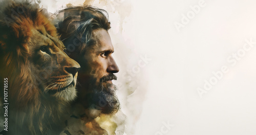 Jesus Christ and Lion - Banner with copy space for text - profile view of the Lord and the Lion of Judah - Mix of illustration and photography - abstract religious art - brush strokes on canvas